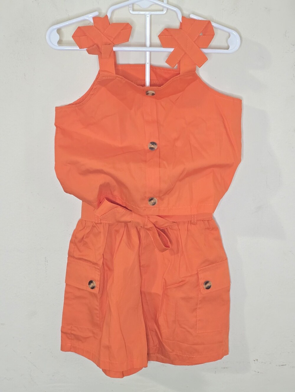 Girls Orange Crop Top & Cargo Shorts Set Size 120 US 6 UK 5-6 Bow Summer Outfit